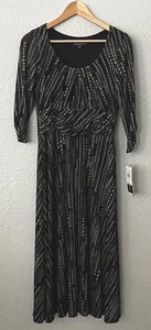 Perceptions Black and Taupe Dot Print Midi Dress Size 10 Ruched Waist / Sleeves - Picture 1 of 6
