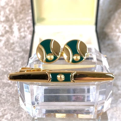 Gemelos redondos Dunhill vintage y clip de barra de corbata esmalte verde acabado dorado con caja Foto 1 de 4