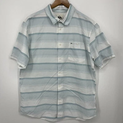 Quiksilver Short Sleeve Button Shirt Men's XL White Blue Striped Pocket Cotton - Image 1 of 4