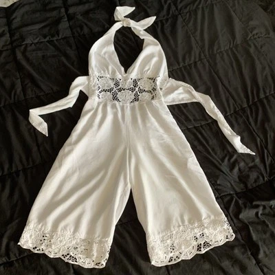 白色花边钩针连衫裤露背吊带尺寸小号女性海岸沙滩波西米亚 — 第 1/4 张图片