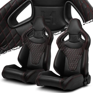 Black w/Red Stitching C-Series PVC Reclinable Left/Right Racing Seats Pair - Foto 1 di 9