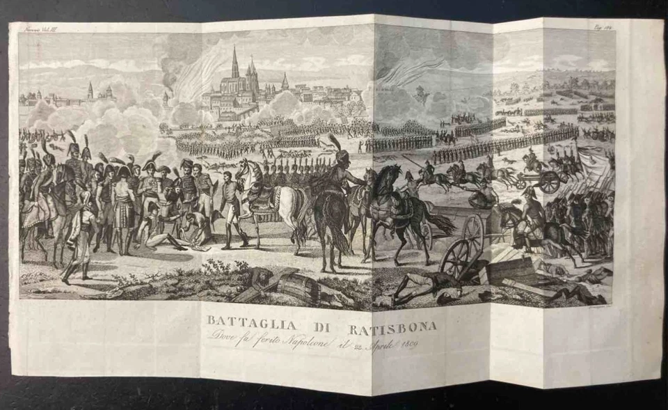 (stampe) Battaglia di Ratisbona dove fu ferito Napoleone il 22 aprile 1809. 1833 - Immagine 1 di 1