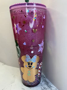 Starbuck Tumbler Christmas 24OZ Mickey Minnie Snow Globe Gingerbread Glitter - Picture 1 of 8
