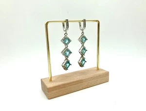 Beautiful Silver Tone Diamond Shape Dangle Earrings - Light Blue Glass Stones - Picture 1 of 5