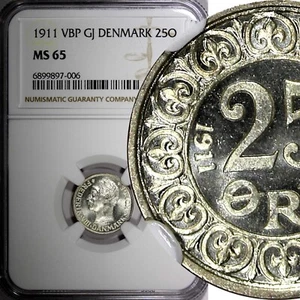 DENMARK Frederik VIII Silver 1911 VBP GJ 25 Ore NGC MS65 2 Year Type KM# 808 (6) - Picture 1 of 5