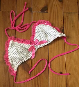 Lucky 13 Ruffle Bra white pinstripe pink Lace Pin Up Girl top bralette burlesque - Picture 1 of 2
