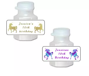 30 Personalisierte Einhorn Geburtstag Party Mini Blase Etiketten, Aufkleber, Tags - Bild 1 von 5