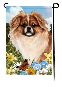 Summer Flowers Garden Flag - Red Sable Tibetan Spaniel - Picture 1 of 1