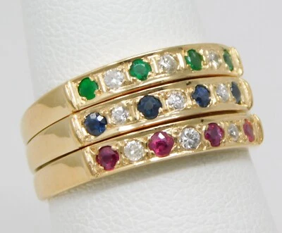 14 kt Gold 3 Joined Emerald Ruby Sapphire & DIamond Half Bands Ring Sz 7 B6506 - Image 1 of 4