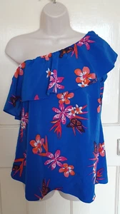GEORGE Ladies UK8 Blue Floral One Shoulder Frill Short Sleeve Top/T-Shirt B2 - Picture 1 of 6