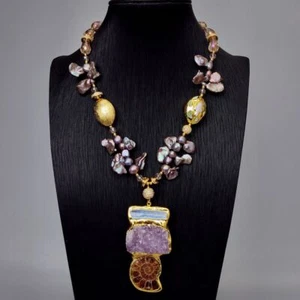 Cultured Black Keshi Pearl Choker Beaded Kyanite Amethyst Druzy Pendant Necklace - Picture 1 of 8