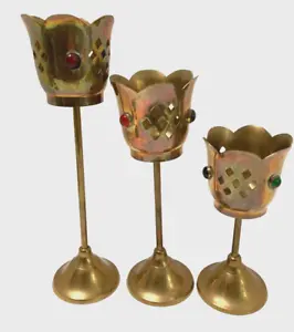 Set 3 Brass and Jeweled Pierced Tulip Cup Candle Holders Hollywood Regency India - Picture 1 of 21