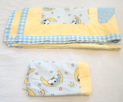 De Colección Snoopy Perro Cacahuetes Bebé Manta Conjunto, Azul, Amarillo, Blanco, Guinga, Estrellas/Luna Lote Foto 1 de 4