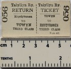 Talyllyn Railway return ticket - Rhydyronen to Towyn, 3rd class, 6d