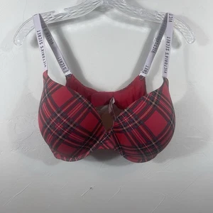 T-shirt Victoria’s Secret rossa a quadri push up copertura completa vacanze plaid 38 DD - Foto 1 di 5