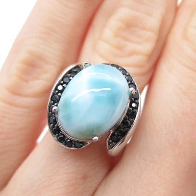 NOA ZUMAN 925 Sterling Silver Real Larimar & Black Spinel Bypass Ring Size 6 - Image 1 of 4