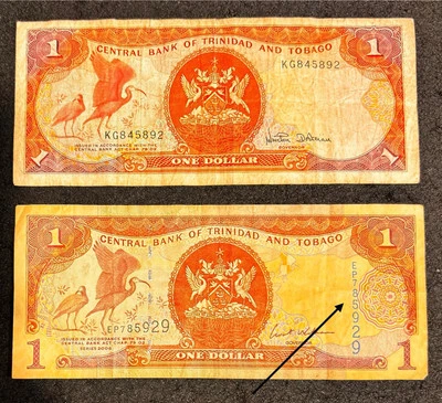Trinidad and Tobago One Dollar SET OF 2 BILLS 1979 and 2006 - Image 1 of 3