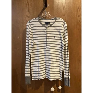 Ralph Lauren Mens Long Sleeve Striped Henley Shirt Casual Top Gray White L - Picture 1 of 5