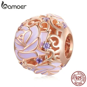 BAMOER 925 Sterling Silver Delicate Shining Purple Rose Bead Bracelet Chrm Gift - Picture 1 of 12