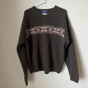 VTG American Eagle 100% Shetland Wool Sweater Sz XL Green Fair Isle Ski V-neck - Picture 1 of 7
