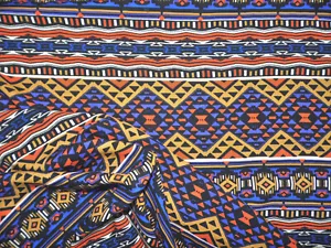 Tela de ropa de rayón Challis azteca púrpura azul naranja negro marfil mango F503 - Imagen 1 de 1