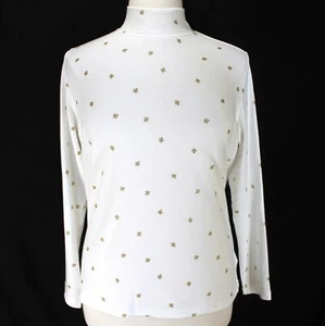 Karen Scott Mock Rollkragen Oberteil Damen 0X weiß gold Blätter Langarmshirt - Bild 1 von 7