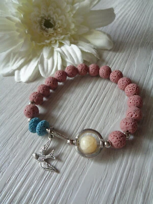 Flexibles  Armband LAVA-Perlen glatt altrosa/blau silber - Bild 1 von 2