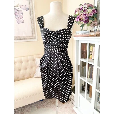 Mini Vestido de Cóctel Windsor Negro y Rosa Lunares Vintage Satinado Talla 3 Foto 1 de 4