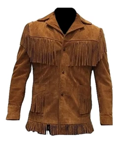 Men American Native Western Cowboy Suede Leather Coat With Fringe - Brown - Picture 1 of 4