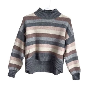 Gap Kids Large Mock Neck Sweater Stripe Cashsoft Crop Grey Tan Neutral Coastal - Picture 1 of 7