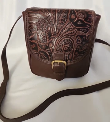 Liz Claiborne Tooled Brown Leather Crossbody Small Korea - Image 1 of 4