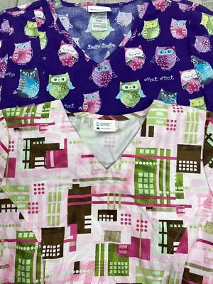 Lot of 2 Womens S Scrub Tops Owls and Geometric Prints Scrubstar White Cross - Image 1 of 4