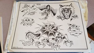 RARE Vintage 1987 Spaulding Rogers Tattoo Flash Sheet Dragon Tiger Heart # 908 - Picture 1 of 3