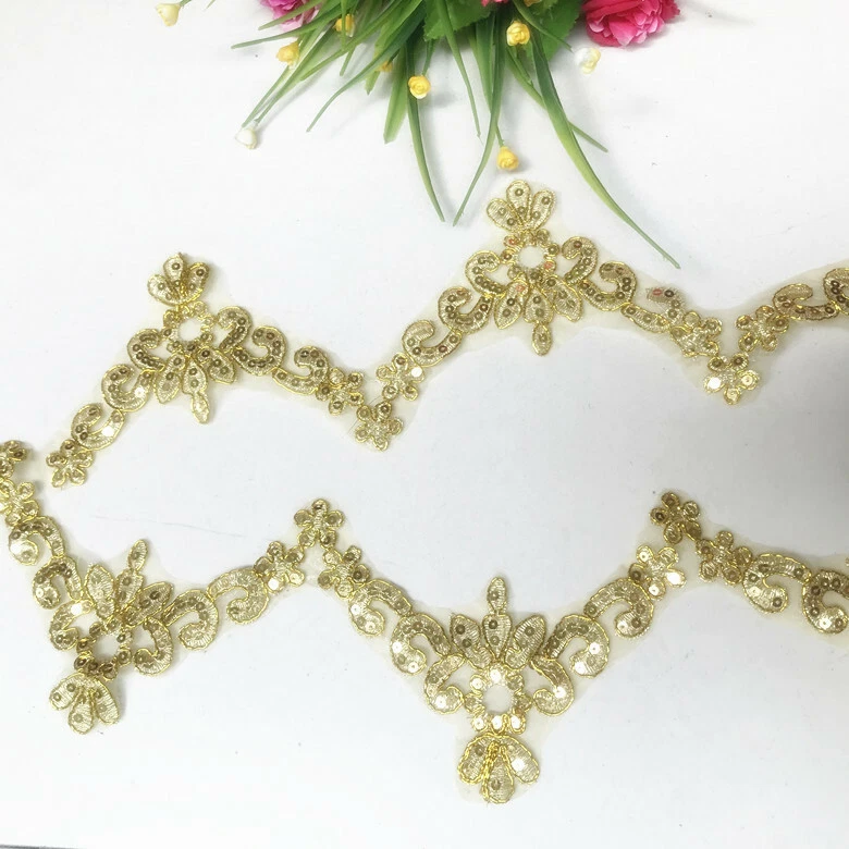 1 Yard Sequins Lace Trim Gold Flower Ribbon Applique DIY Wedding Clothing Edge  - Image 1 of 4