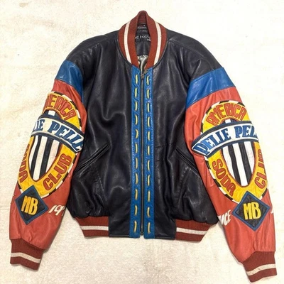 Jaqueta de beisebol PELLE PELLE 90s couro bordado preto azul vermelho estilo vintage - Imagem 1 de 4