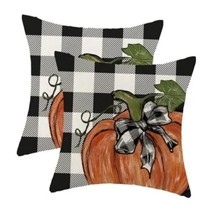 Fall Pillow Covers 18x18 Set of 2 18" x 18" (Pack of 2) Buffalo Plaid Pumpkin 2 - Picture 1 of 8
