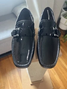 Salvatore Ferragamo Black Patent Side Gancini Buckle Driving Moccasins Sz 9 - Picture 1 of 11