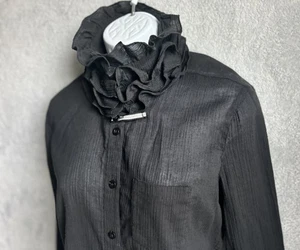 ARMANI JEANS Womens Blouse Top Ruffled Neck Black Cotton Italy Sz 10 Gauze - Picture 1 of 23