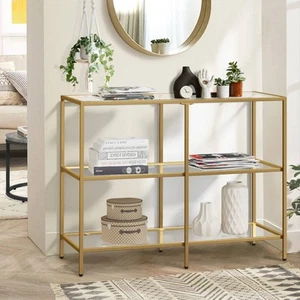 Oikiture Console Table Tempered Glass Sofa Table Hall Side Entry 3 Shelves Gold - Picture 1 of 10