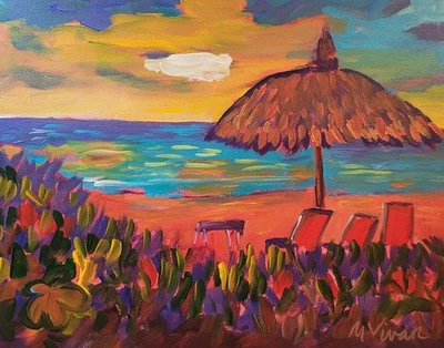 Pintura Artística Expresionismo Abstracto Playa Colorida Original MONA VIVAR 11x14 Foto 1 de 4