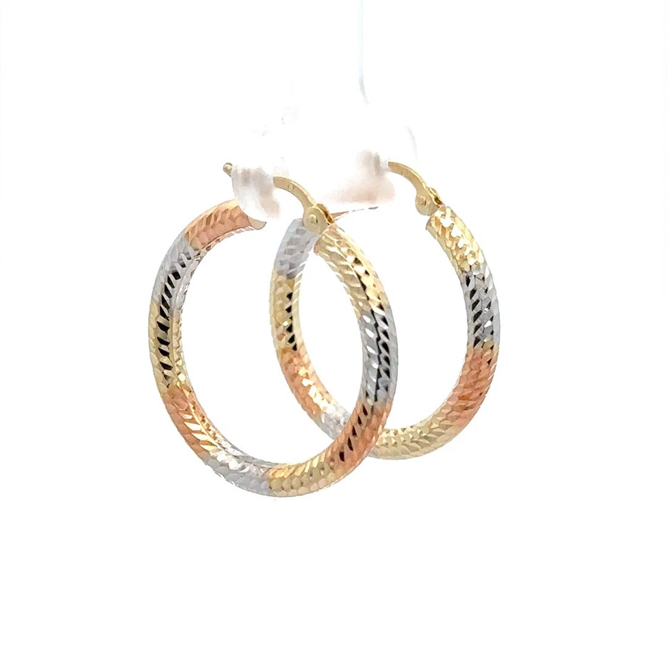 14K Rose Yellow & White Tri Color Gold Diamond Cut Finish Classic Hoop Earrings - Image 1 of 4