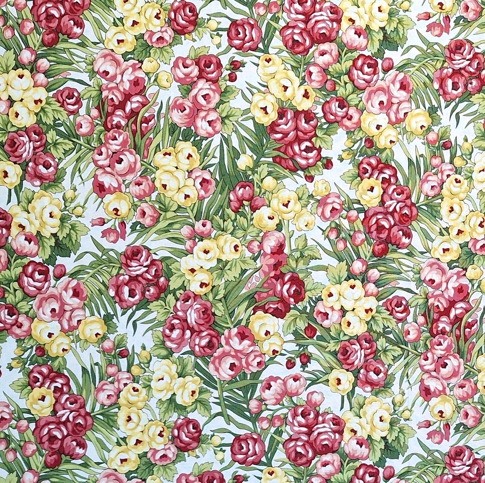 Fuera de existencia floral rojo amarillo verde sobre blanco Victoriana 2007 RJR telas algodón BTHY Foto 1 de 4