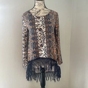 Vintage Havana Boho Peasant Top Tunic Long Sleeve w/ Fringe - Womens Small (B9) - Picture 1 of 13