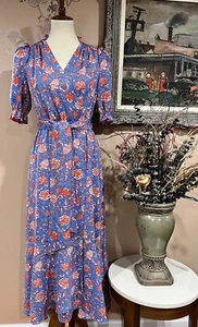 ME +EM Vestido Midi Brillante Paisley Envolvente Manga Corta Cinturón Talla 4 - Imagen 1 de 19