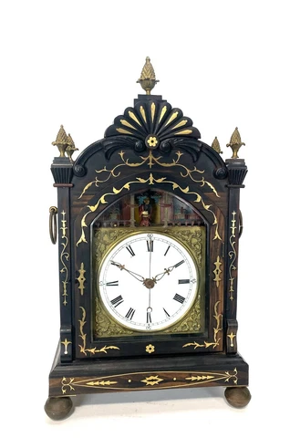 Rare Antique Chinese Bronze Inlaid 8 Day Automaton Figure Ebony Bracket Clock Cover