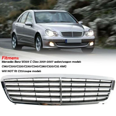 Хромированная + черная передняя решетка для Mercedes Benz W203 C-класса C32 C280 2001-07 - Изображение 1 из 4