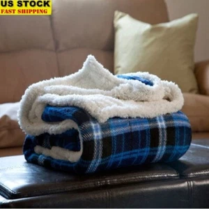 Fall Flannel Throw Blanket Reversible Fleece Sherpa Couch Decor Cozy Warm Blue - Picture 1 of 4