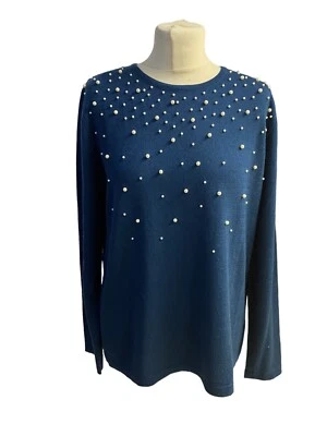 Woolovers Large Women’s Pearl Detail Jumper Dark Teal 100% Wool - Image 1 of 4