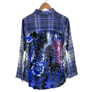 SOFT ENVIRONMENT Flanellhemd Damen 1X halbtransparent Blumenmuster hinten blau T567 - Bild 1 von 6