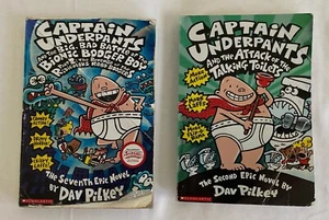 Captain Underpants 2 books Attack of the Talking Toilets +Bionic Booger Boy EUC - Imagen 1 de 3